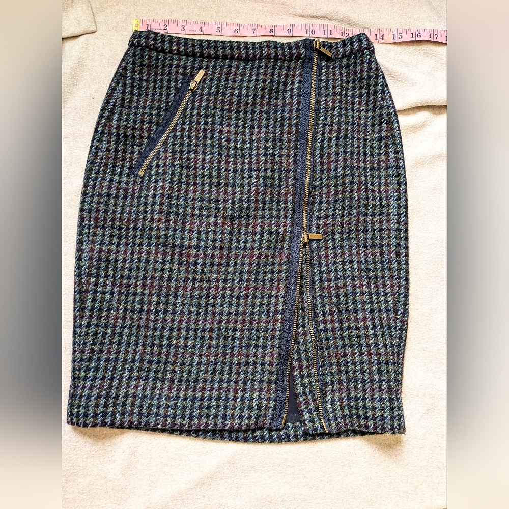 Petite J. Crew Classic Slim Pencil Skirt Houndstooth 100% Wool Navy Multi 0P Zip